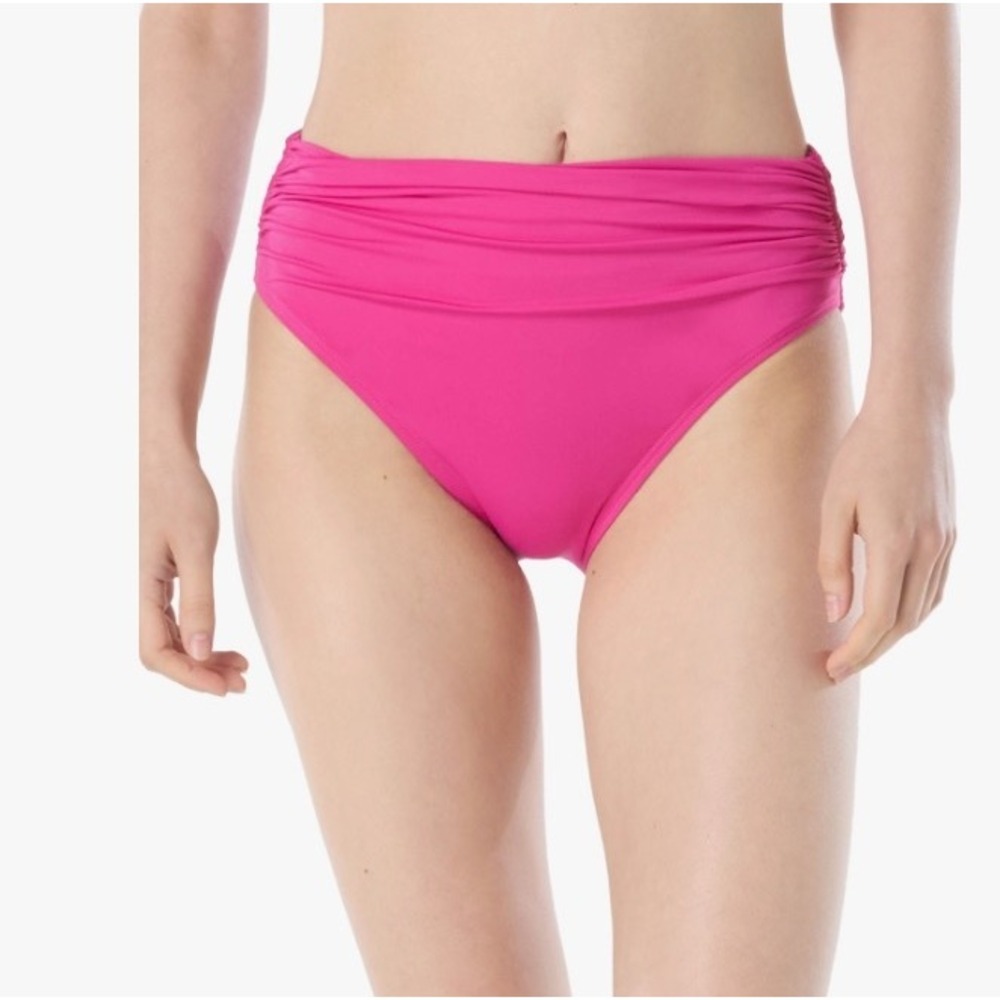NWT Carmen Marc Valvo Swim Bottoms Women Pink Ruched High Waist XL $58 $58